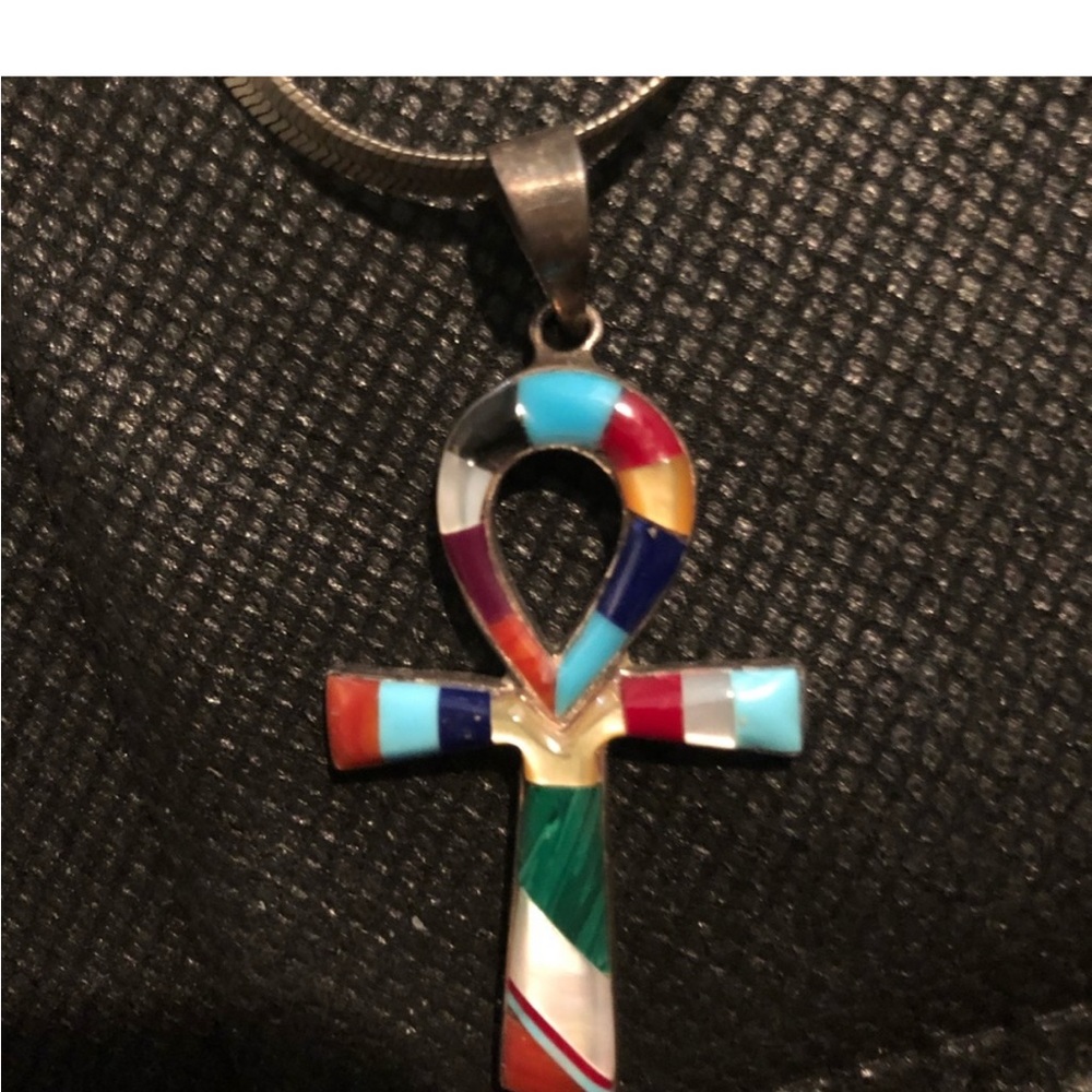 Vintage Inlaid Ankh colorful Cross Sterling Chain Lovely Colors